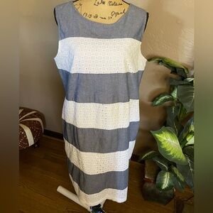 Talbots Blue and White Striped Eyelet Midi Dress 14 100% cotton PTP 20”